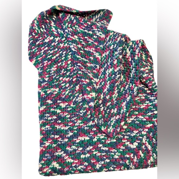 Vintage Afghan Throw Knitted Blanket 60" x 60" Full Dark Blue Green Burgundy - Picture 4 of 5